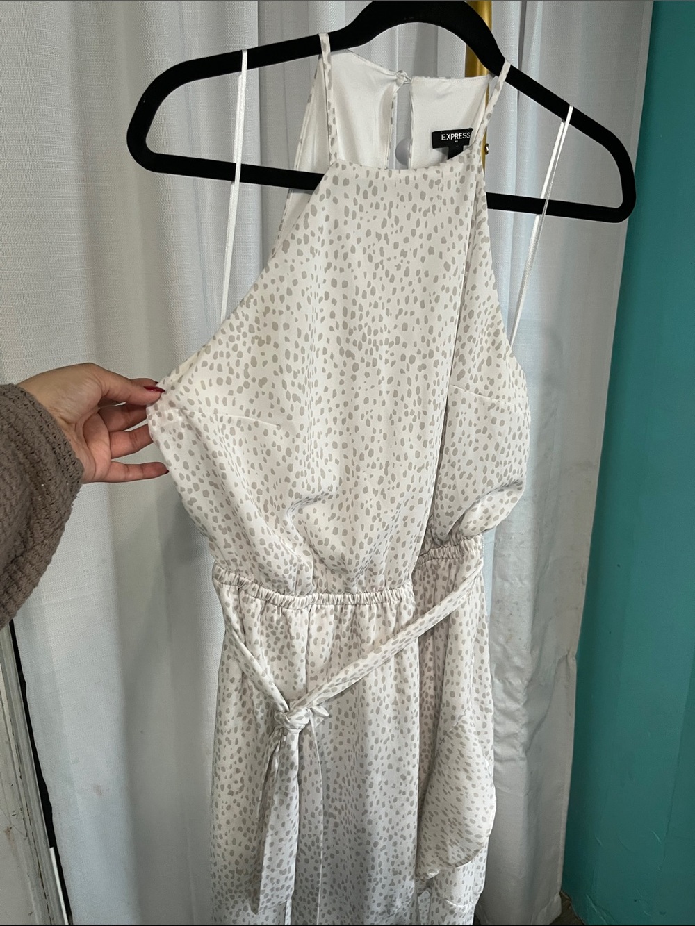 Express Cream Halter Maxi Dress with Subtle Taupe Dot Print